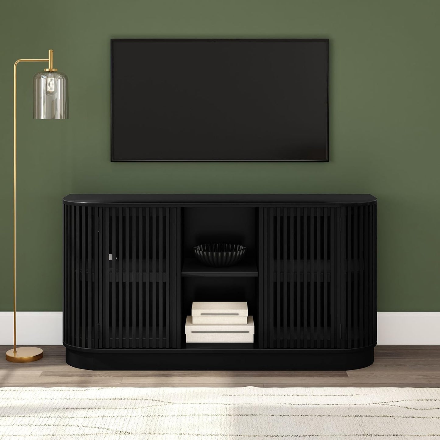 Plank+Beam Contour Wood TV Stand, Two Door Solid Wood Entertainment Console with Storage, 59" L x 16" W x 30" H, Black