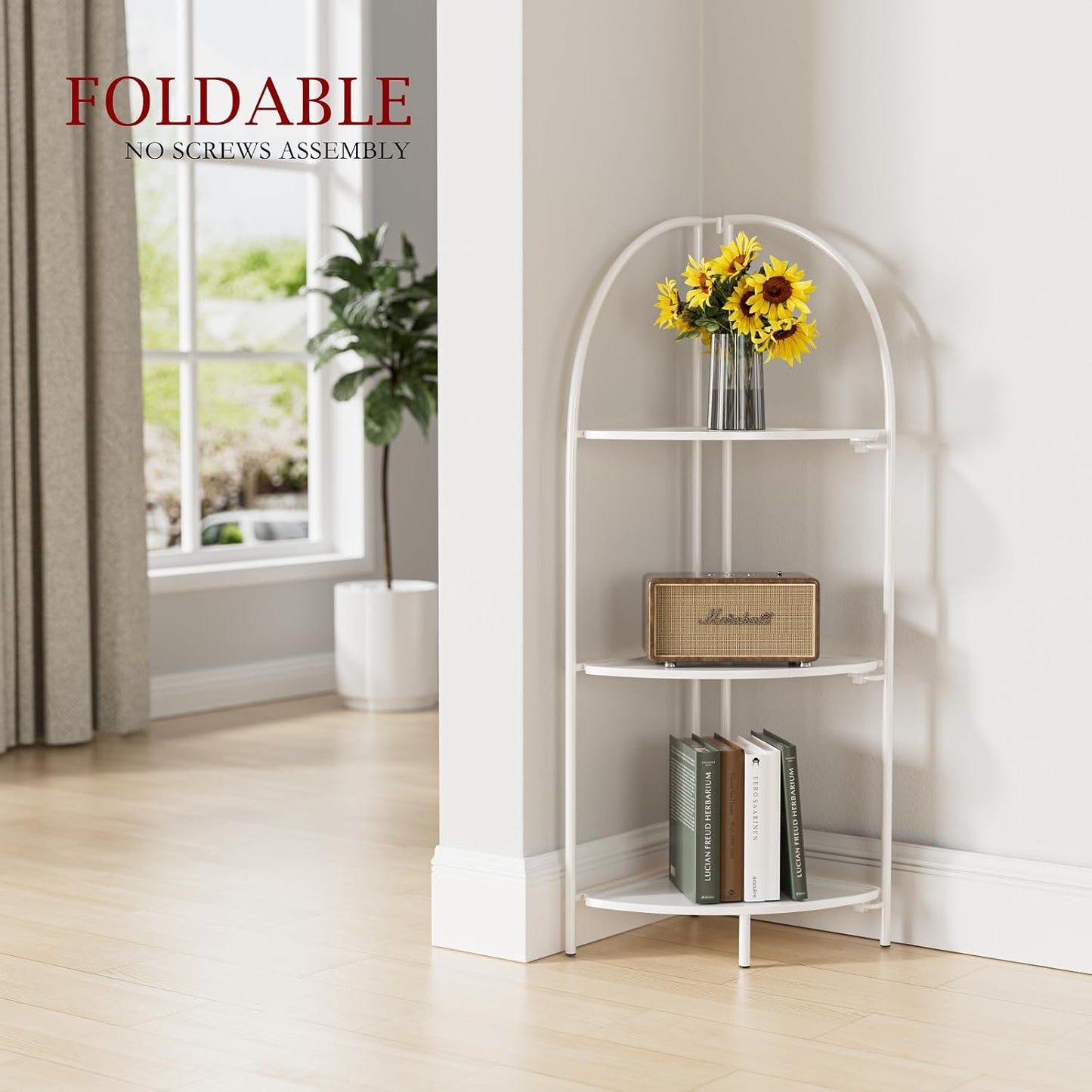 Crofy Foldable 3 Tier Corner Shelf, Metal Corner Plant Stand with White Frame and White Shelves, Corner Display Rack Multipurpose Shelving Unit for Living Room, Bedroom, Bathroom