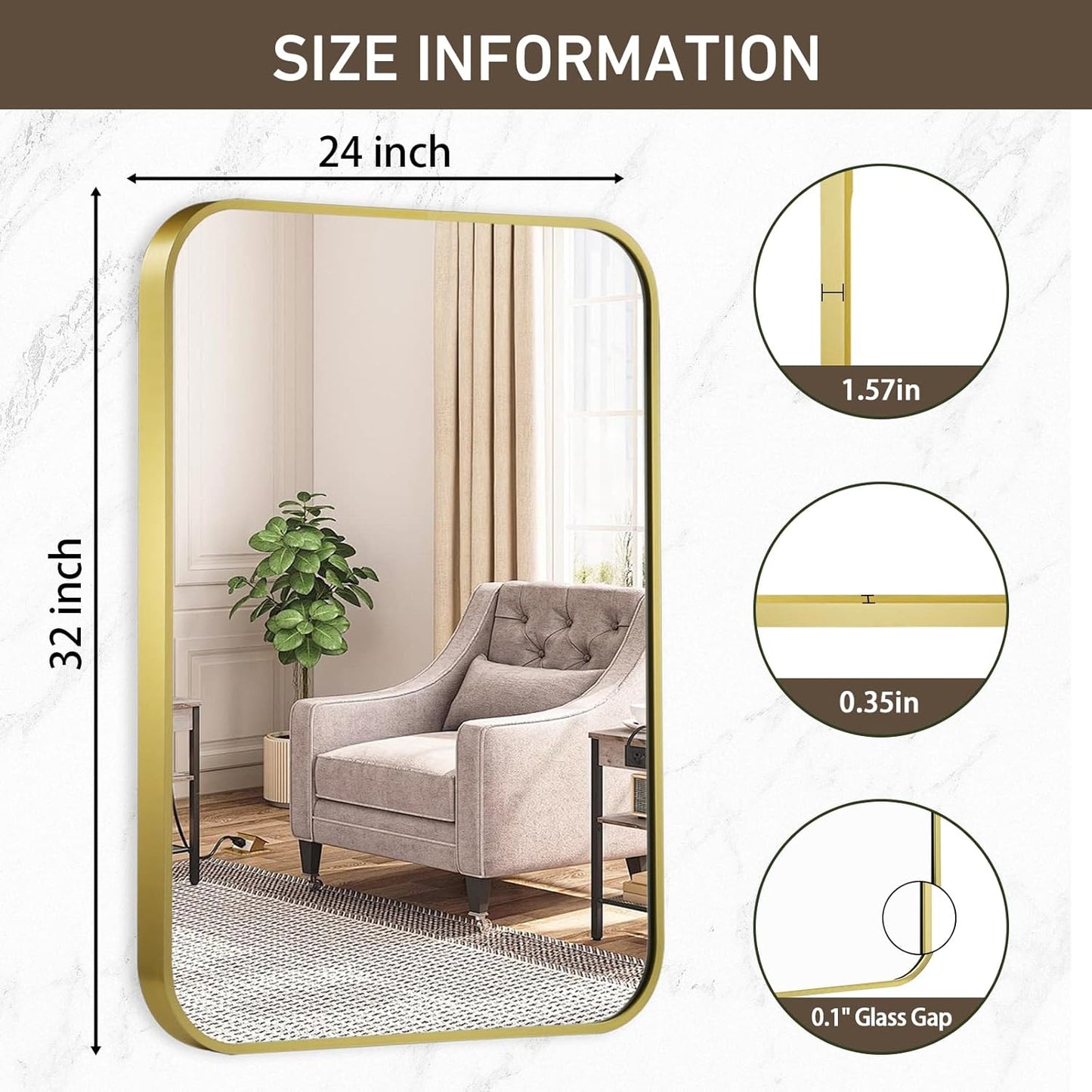 Matte Gold Mirror, 24x32 Inch Brushed Gold Mirror, Aluminum Alloy Framed Vanity Mirror, Rounded Rectangle Bathroom Mirror for Over Sink, Anti-Rust Wall Mirror (Horizontally or Vertically)