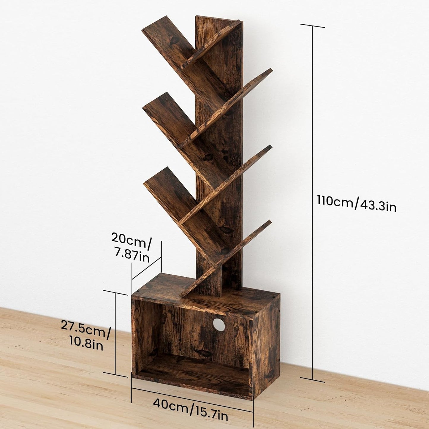 6 Tier Tree Bookshelf, Sturdy Retro Floor Standing Wood Bookcase, Storage Rack for Home Office, Living Room, Bedroom, Reading Spot, Heavy Book Organizer Shelves for CDs/DVDs/Movies
