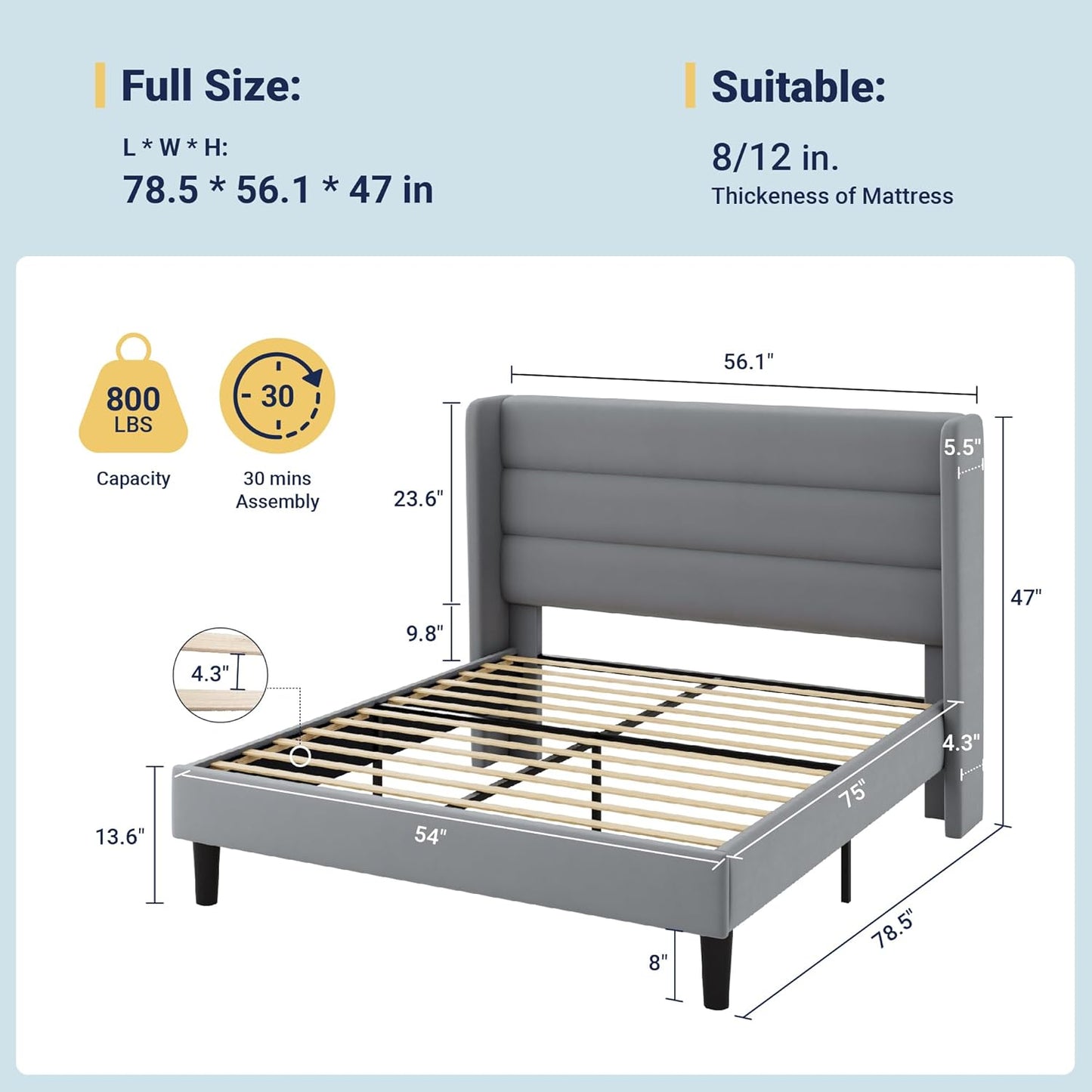 Allewie Full Size Platform Bed Frame with Velvet Upholstered Wingback Headboard, No Box Spring Needed, Under Bed Storage Space, Strong Wooden Slats, Modern Mattress Foundation, Easy Assembly, Grey