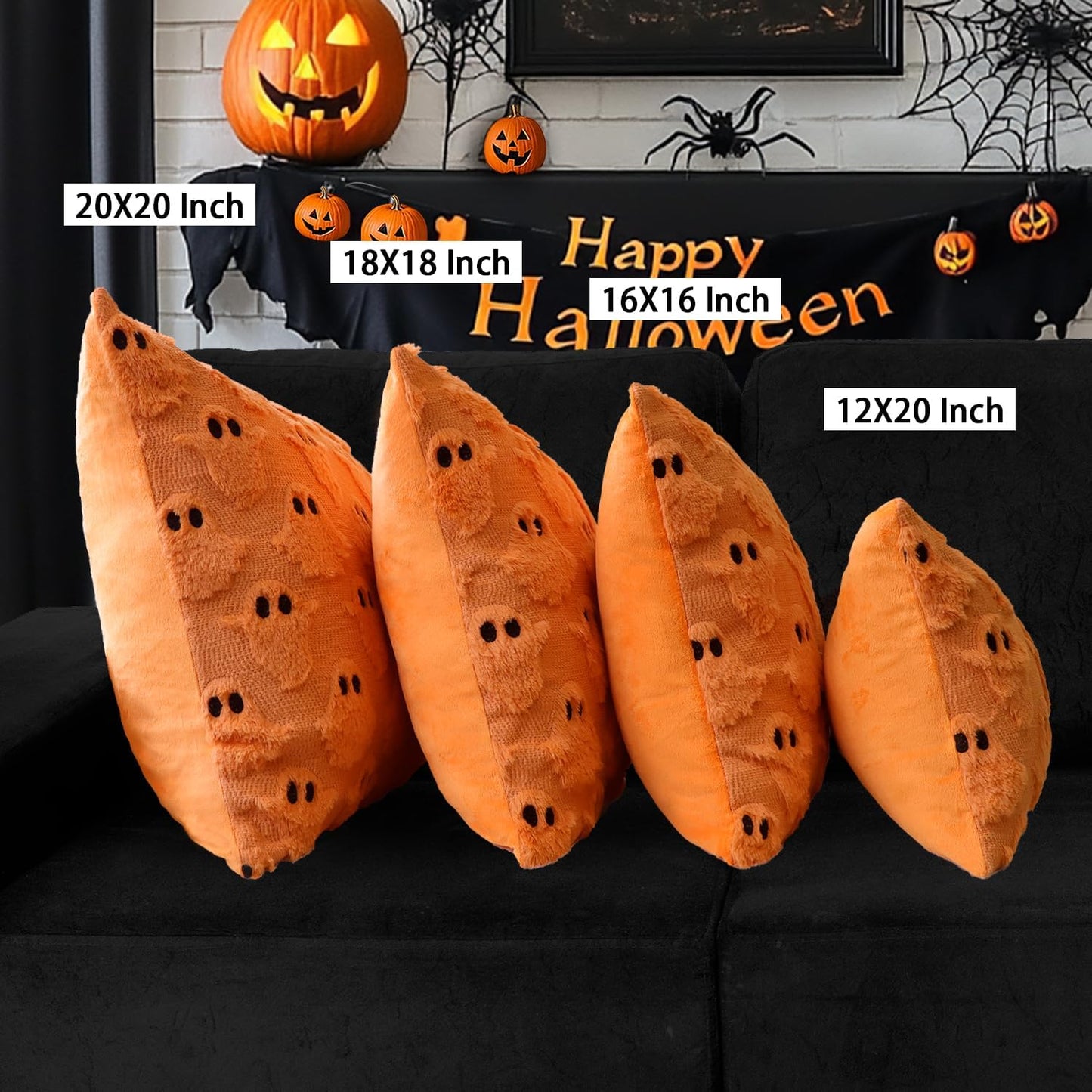 4TH Emotion Halloween Ghost Decorative Pillow Covers 18x18 Set of 2, Orange Soft Plush Faux Fur Farmhouse Throw Cushion Cases for Fall Autumn Holiday Home Decorations