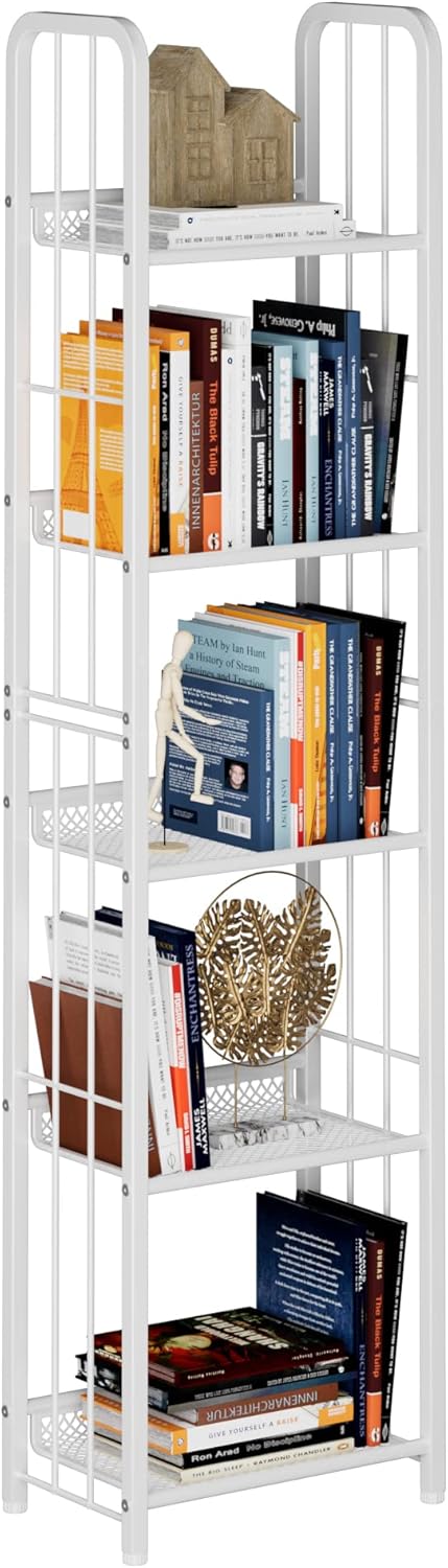 Bookshelf Storage Shelf Bookcase Freestanding Storage Stand for Living Room, Bedroom, Kitchen, Rust Resistance, Easy Assembly Free Combination Multi-Functional Organizer (5 Tiers,White)