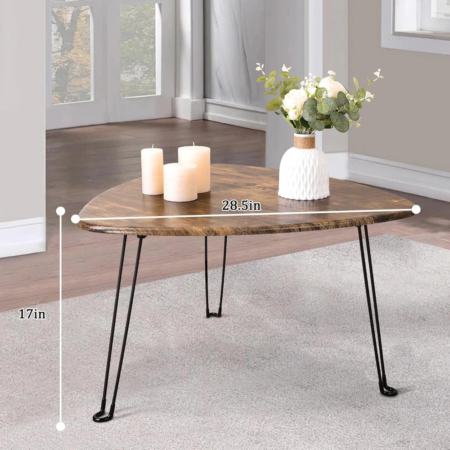 Folding Coffee Table Triangle Designs Oval Coffee Tables Mid Century Wooden Triangular Accent Table with Metal Legs Foldable Industrial Sofa Center Table for Living Room Space Saving
