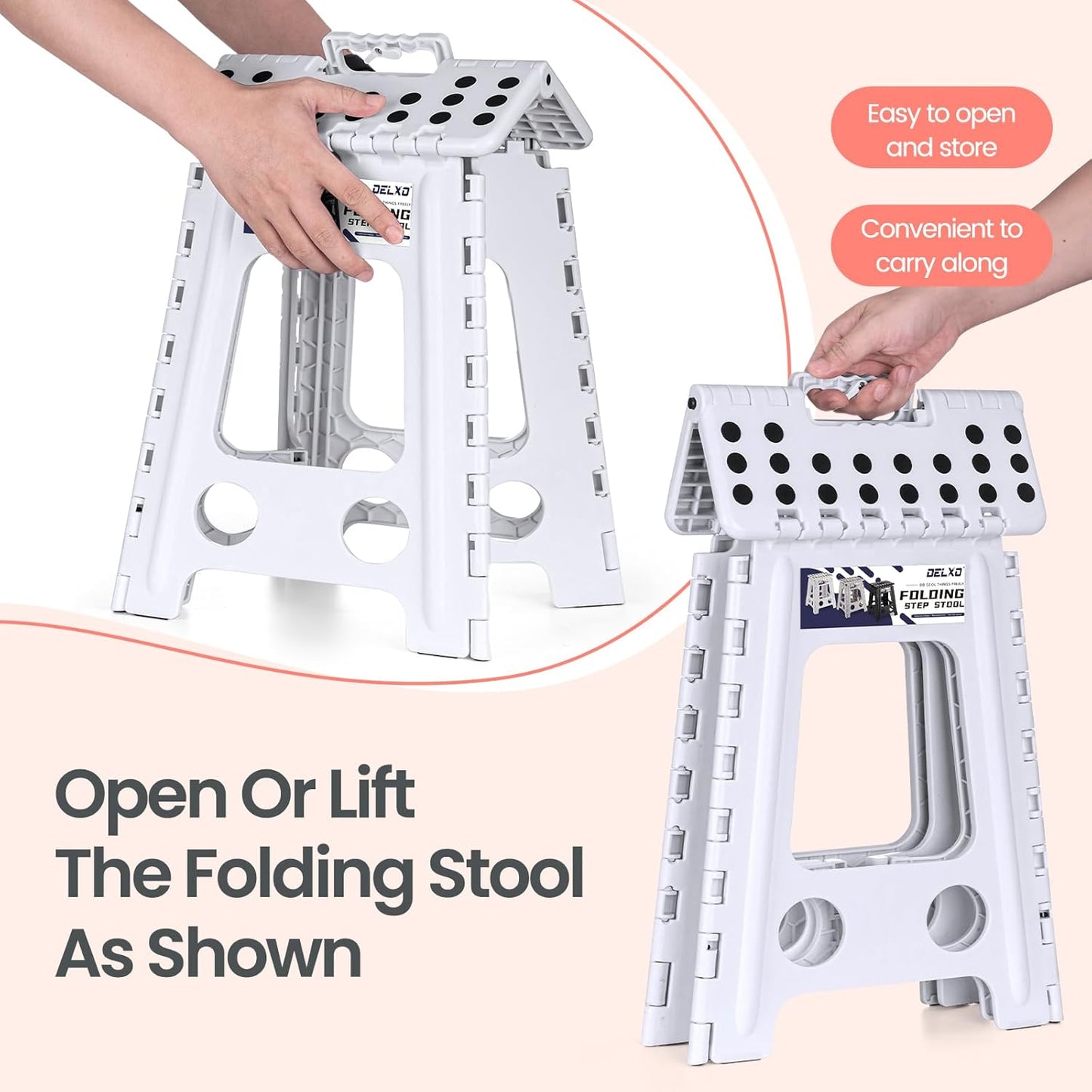 Delxo 16 Inch Folding Step Stool, White Step Stools Foldable,Portable Collapsible Step Stool with Handle, Folding Stool for Kitchen Bathroom,Bedroom,Garden