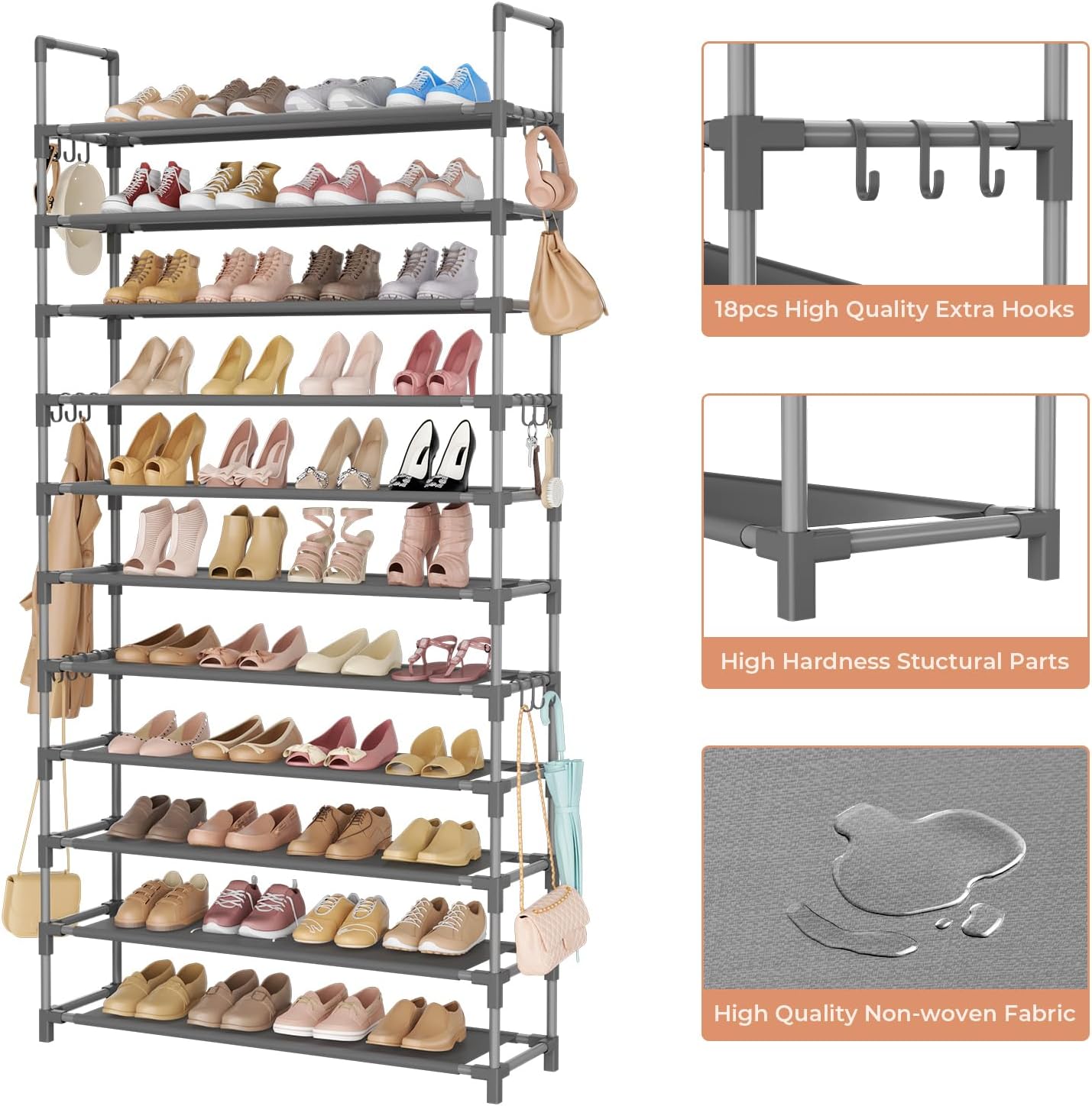 11 Tiers Tall Shoe Rack Holds 55 Pairs of Shoes with 18pcs Hooks Sturdy Wide Shoe Organizer Storage Free Standing Metal Shoe Shelf for Closet, Entryway Grey