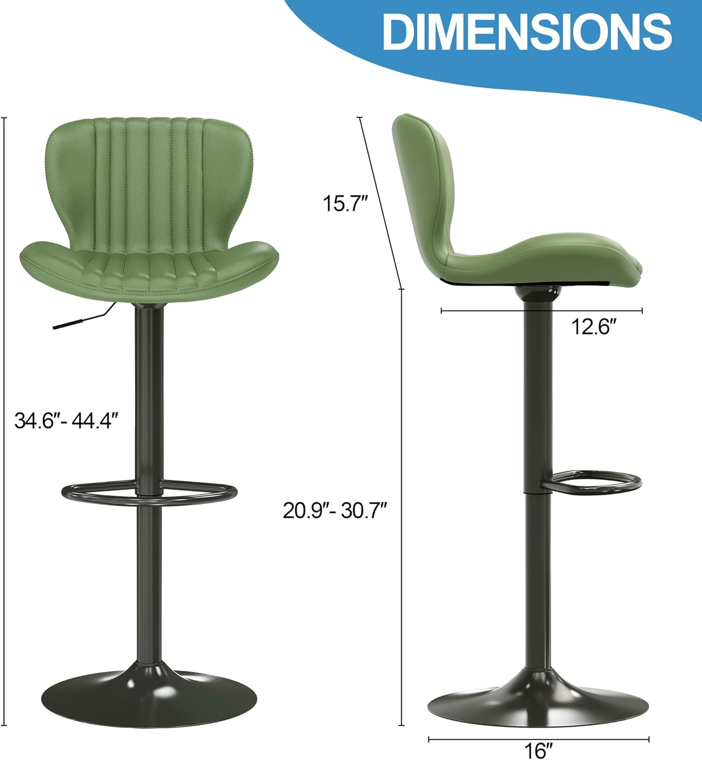 Shintenchi Bar Stools Set of 6 Modern Swivel Bar Chairs, Counter Height Faux Leather Metal Barstools, Upholstered Island Chairs with Back and Footrest, Green