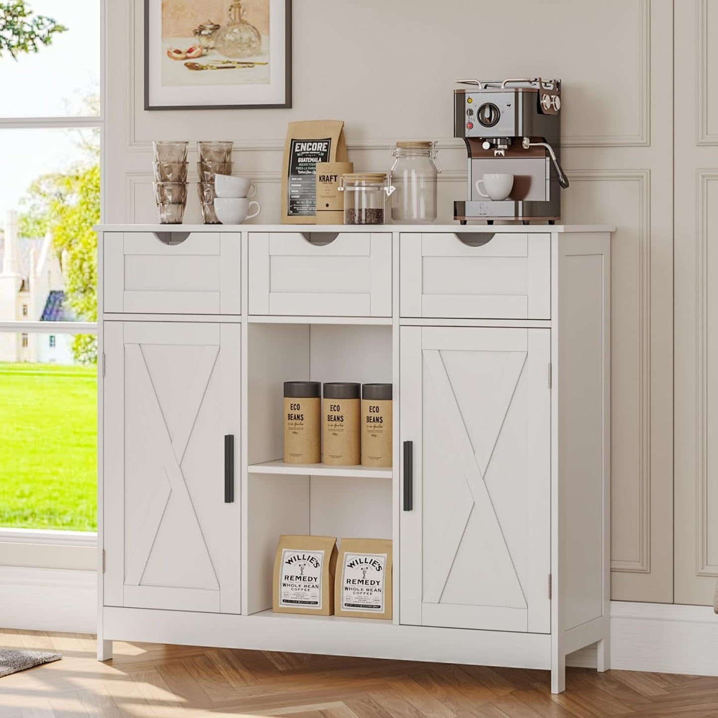 Storage Cabinet, Coffee Bar Cabinet with 2 Adjustable Shelves, 3 Drawers, and 2 Doors, for Bathroom, Kitchen, Living Room (White)