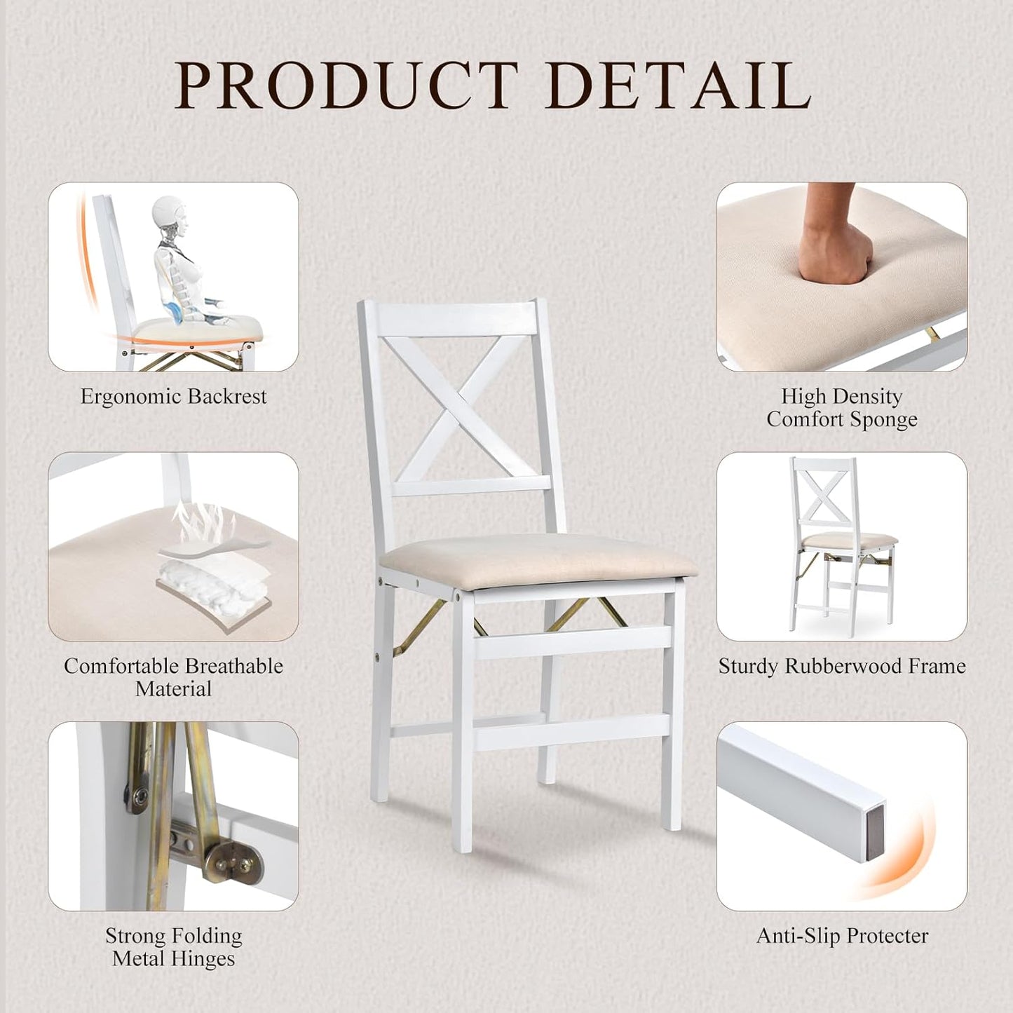 COLAMY Folding Dining Chairs Set of 6 – White Wooden Dining Room Chairs for Small Spaces, Pre-Assembled, Space Saving Kitchen & Dining Room Furniture, Indoor Outdoor Use