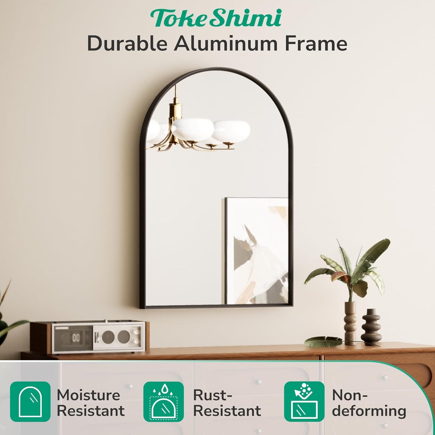 TokeShimi 26x38 Black Arched Mirror Bathroom with Tempered Glass,Aluminum Frame,Arched Wall Mirror for Bathroom,Bedroom,Entryway