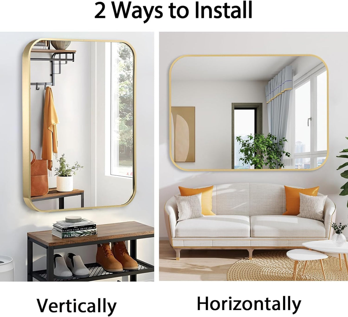 16x20 Inch Gold Bathroom Mirror, Brushed Brass Gold Metal Framed Rectangular Mirror with Rounded Corner, Bathroom Vanity Mirror for Bedroom or Living Room, Horizontal/Vertical