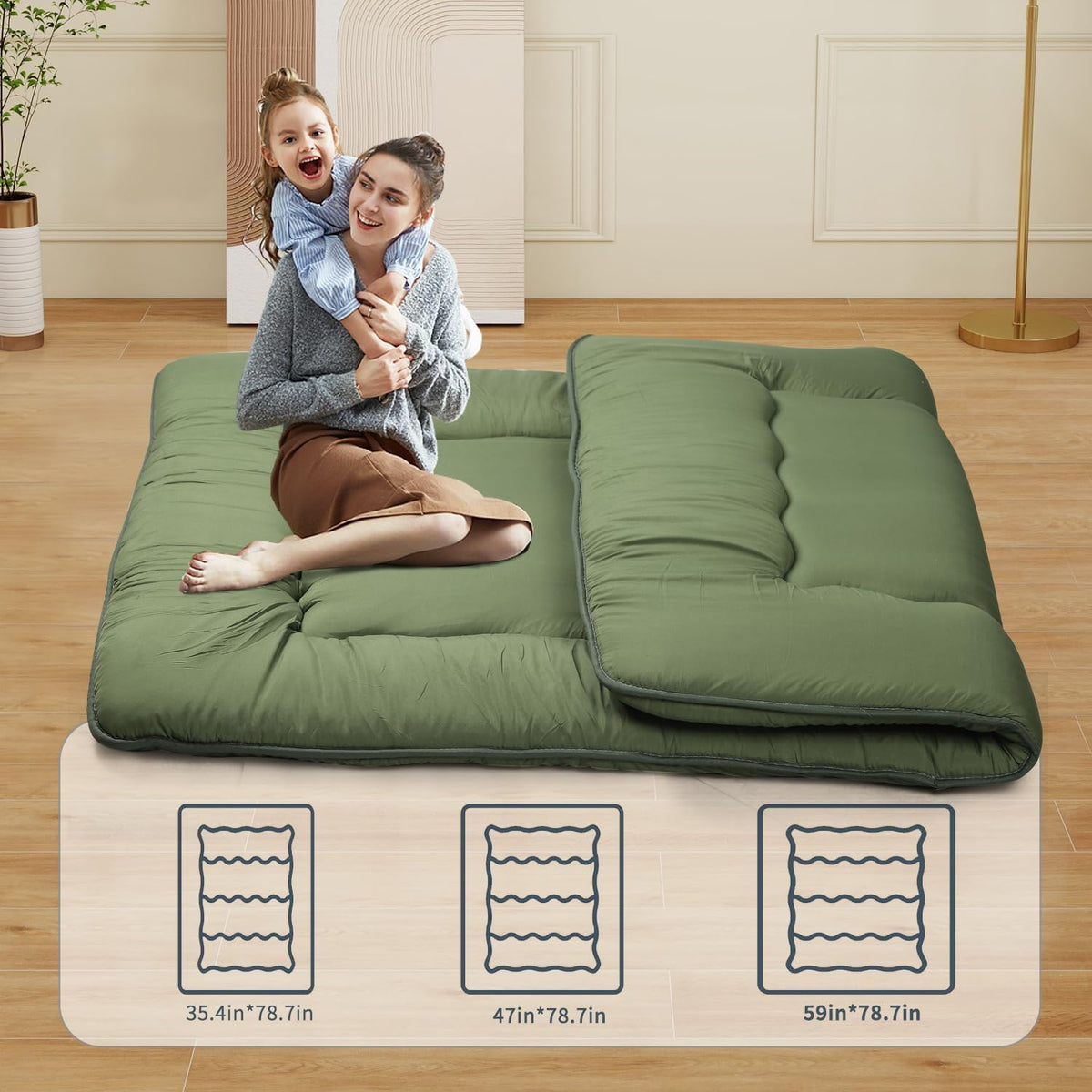 Japanese Floor Mattress,Roll Up Memory Foam Tatami Mat Easy to Store and Portable,Futon Mattress Suitable for Camping and Guest Room (Green, Full (80" X 47"))