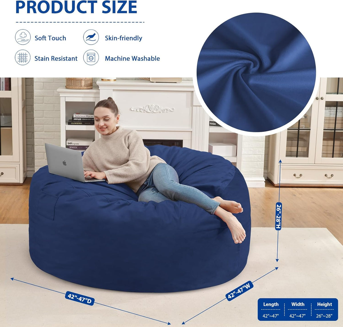 4FT Bean Bag Chair, Large Bean Bag Chairs with Memory Foam Filled, Fluffy Beanbag Sofa with Dutch Velvet Cover, Round BeanBag Chairs for Living Room, Playroom - Blue