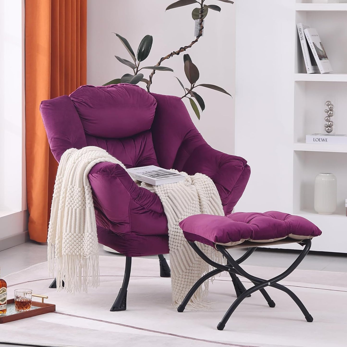 Lazy Chair with Ottoman, Modern Accent Chair Lounge Leisure Sofa Chair with Armrests, Reading Chair and Folding Footstool Set for Living Room, Bedroom, Office