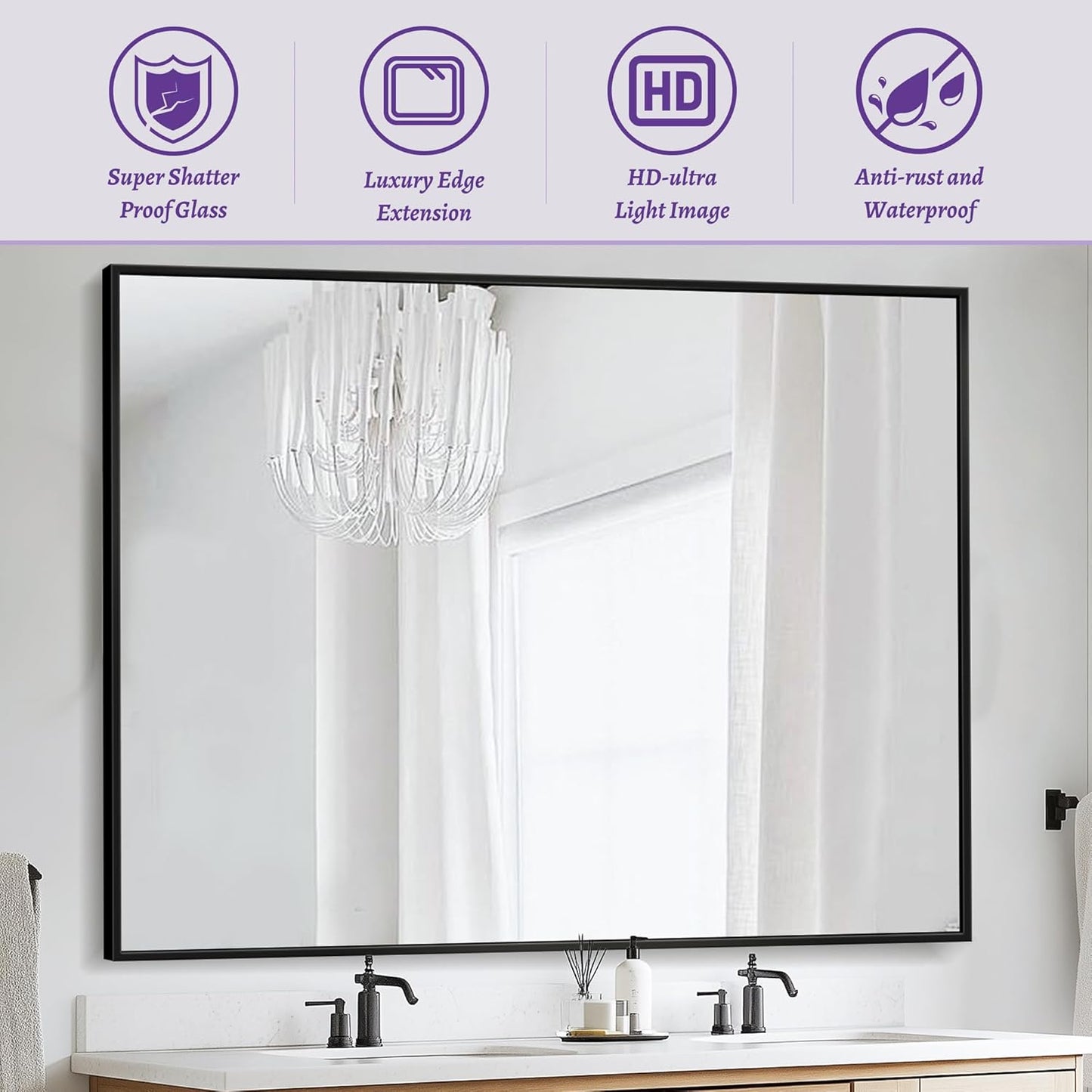 Bathroom Mirror, 55" x 36" Wall Mirror, Rectangular Aluminum Alloy Frame Contemporary Hanging Mirror for Living Room Bathroom, Black Rectangle Corner