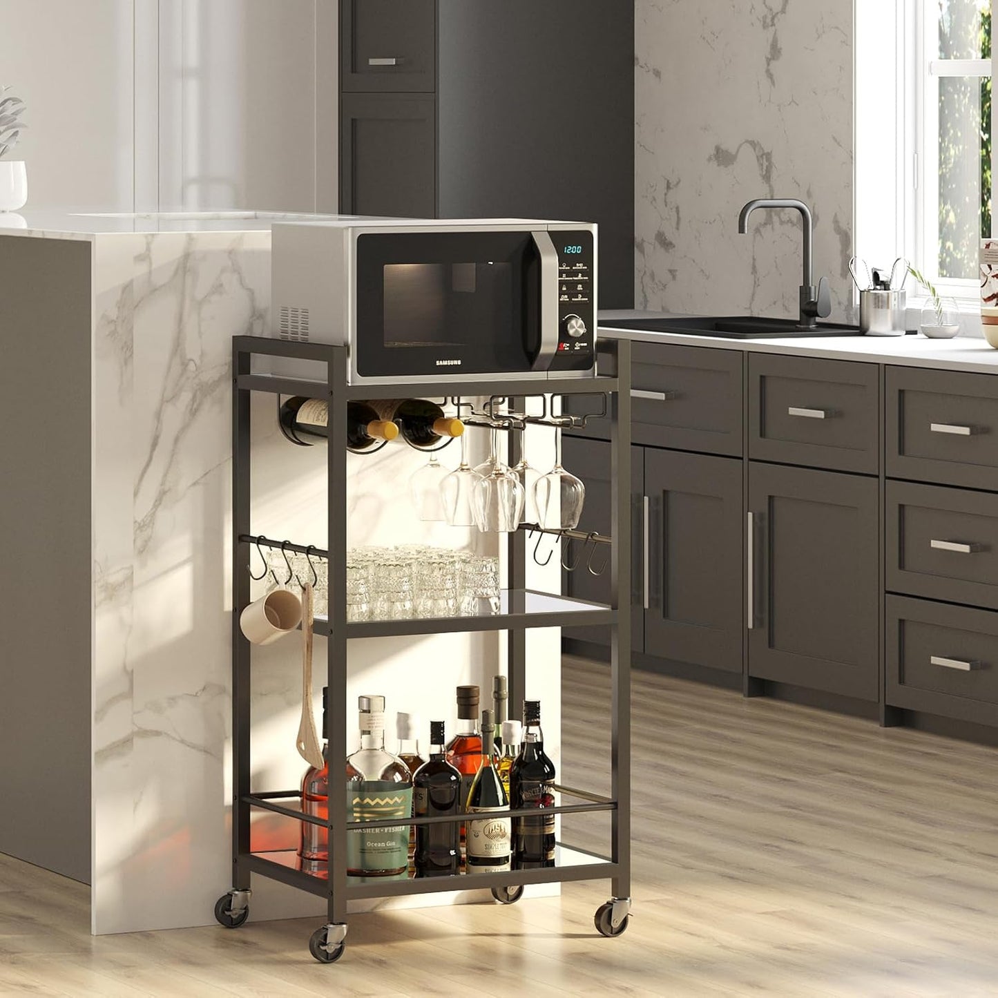 TUTOTAK Bar Cart, Home Bar Serving Cart with 3-Tier Mirrored Shelf, Drink Cart, Mobile Kitchen Shelf with Wine Rack, Rolling Beverage Cart, Black BC01BK033