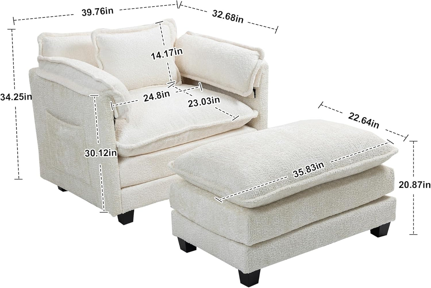 Furniliving Oversized Accent Chairs with Ottoman, Luxury Boucle Single Sofa, Upholstered Deep Seat Chaise Lounge with Pillows for Living Room, Bedroom, Apartment, Beige