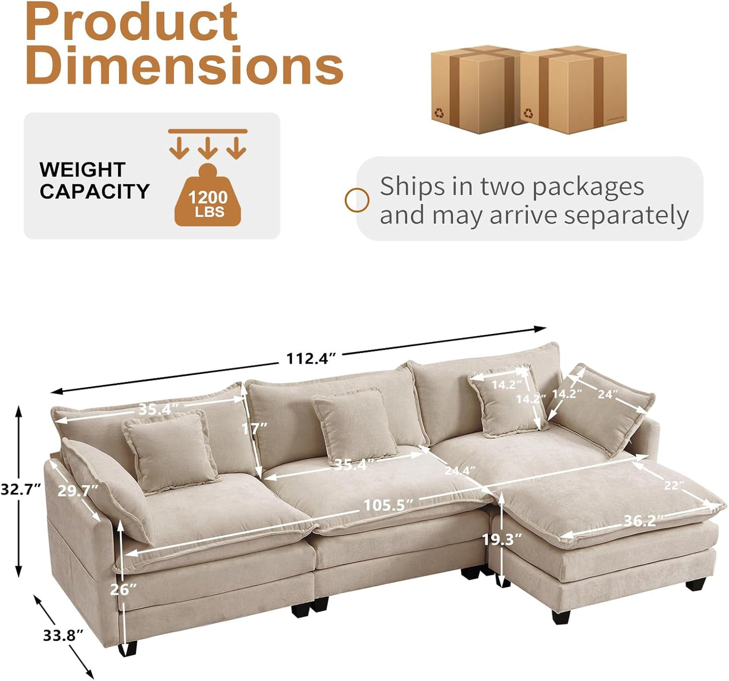Furniliving 112‘’ L-Shaped Sofa, Luxury Chenille Modular Sectional Couches with Ottoman, Upholstered Deep Seat Sleeper Sofa with Memory Foam and Waist Pillows, Camel