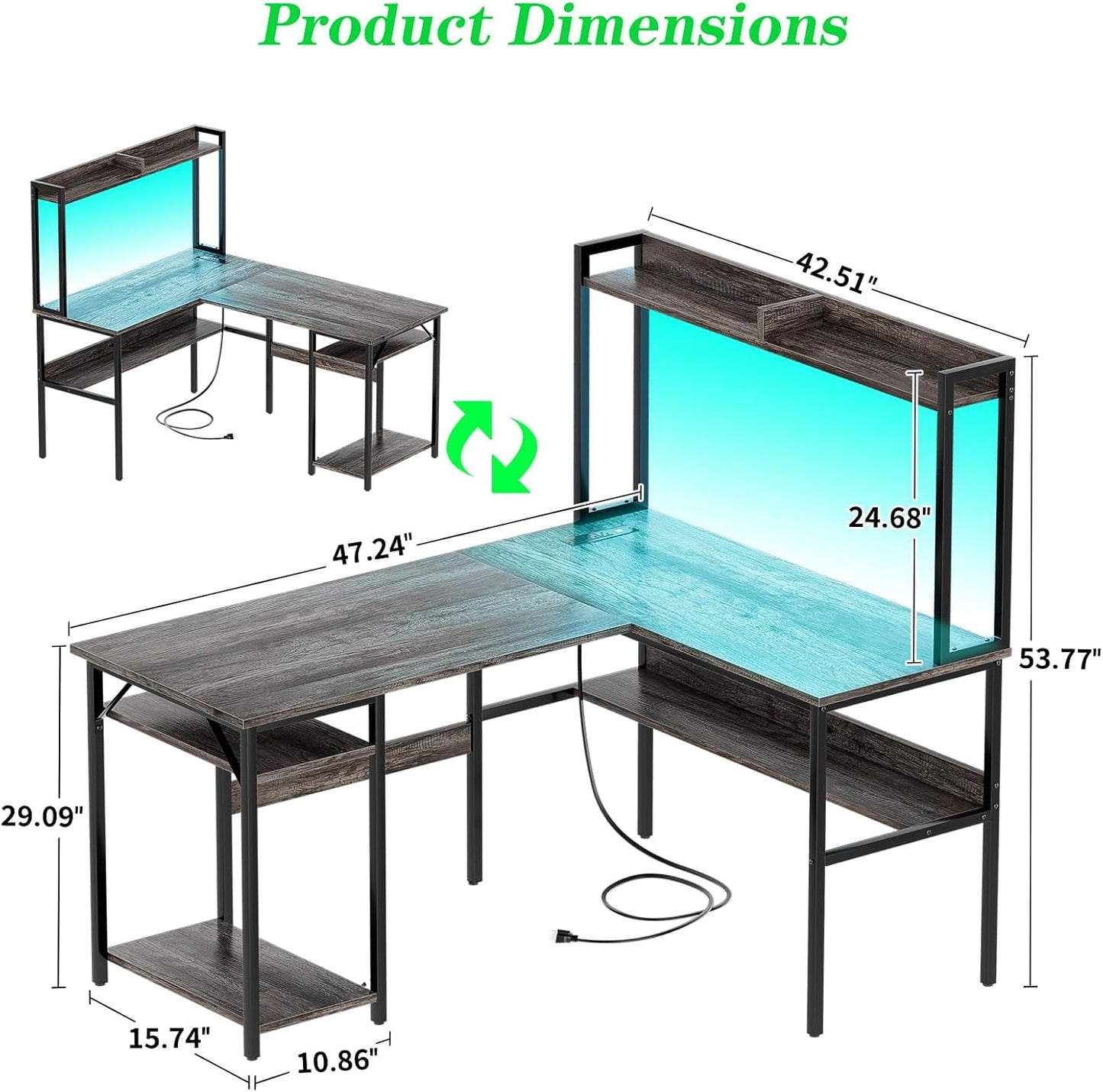 L Shaped Computer Desk with Hutch and Storage Shelves, Gaming Desk with LED Lights, Reversible L-Shaped Desk with Power Outlets, Home Office Desk, Corner Desk, Black Oak