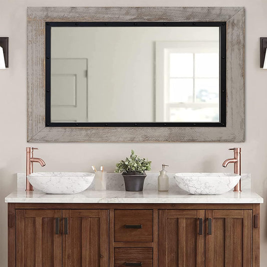 YOSHOOT Rustic Wooden Framed Wall Mirror, 40"x30", Natural Wood and Iron Bathroom Vanity Mirror for Farmhouse Decor, Vertical or Horizontal Hanging
