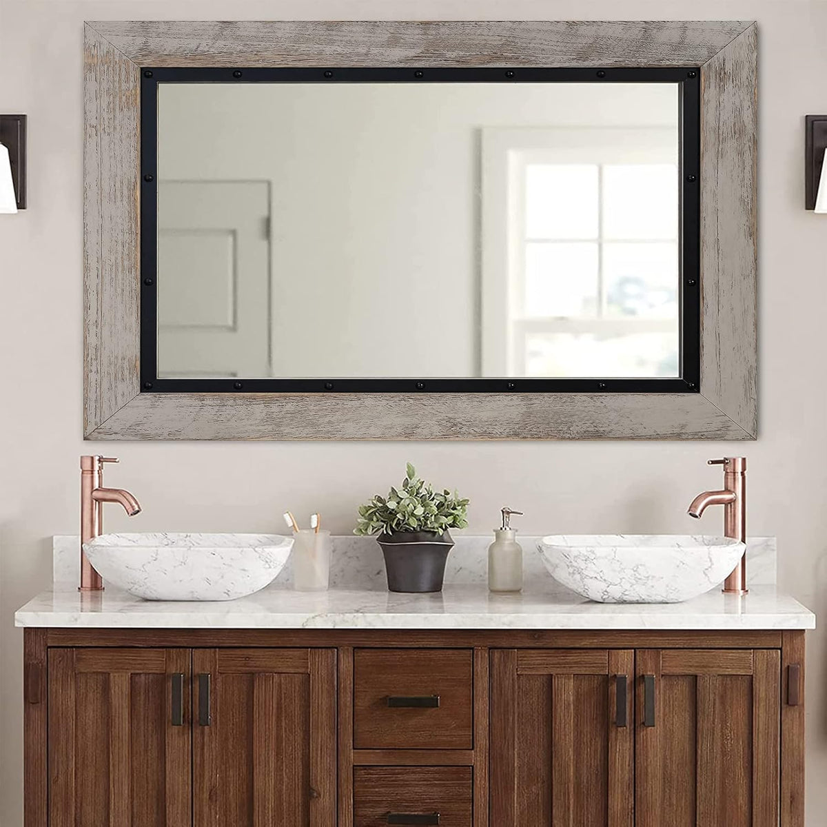 YOSHOOT Rustic Wooden Framed Wall Mirror, 30"x20", Natural Wood and Iron Bathroom Vanity Mirror for Farmhouse Decor, Vertical or Horizontal Hanging
