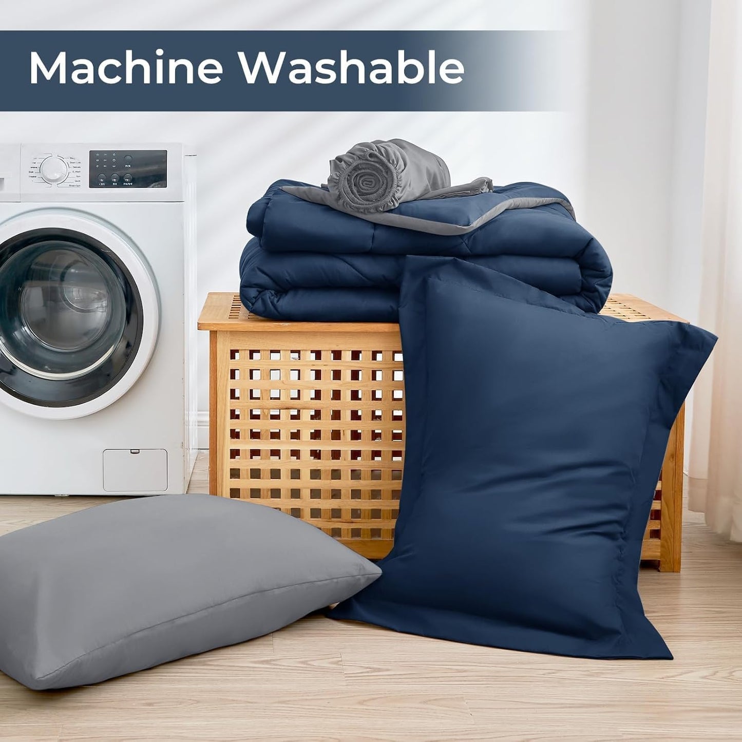 HEVUMYI Twin Comforter Set - 5-Piece All Season Bed in a Bag Twin, Ultra Soft Bedding Set with Comforter, Flat Sheet, Fitted Sheet, Pillowcases, Pillow Shams, Navy Blue & Light Grey