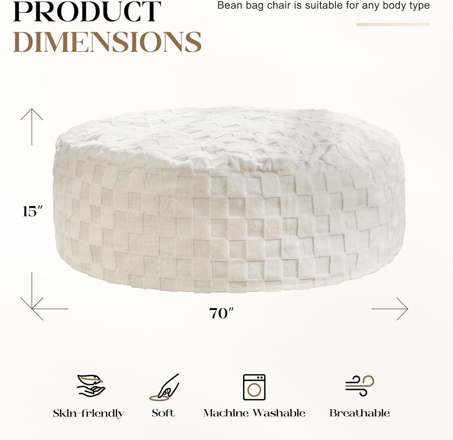 Hobestluk Bean Bag Chairs Beanbag Chair with Filler Adult Bean Bags with Fluffy Cover, Giant Bean Bag Chairs for Adults for Living Room, Bedroom (White, 6FT - 70" x 70" x 15")