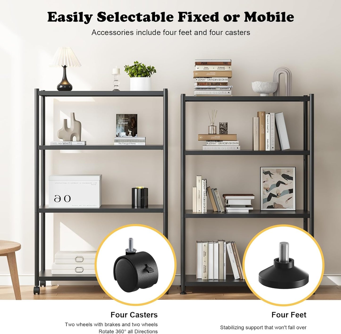 ZZL 4 Tier Bookshelf 31.49" Width,Book Organizers and Storage w/Wheels,Rustic Industrial Book Shelves for Home Office,Bedroom,School,Living Room(Black)