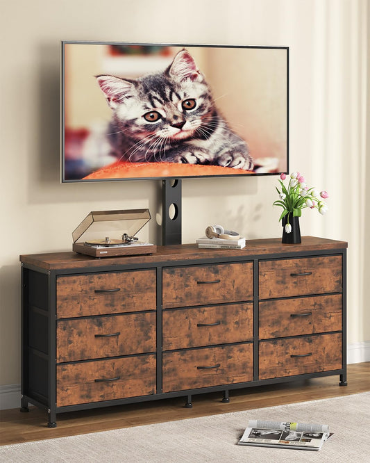 TV Stand with Mount for 32/55/65/75/85 inch TVs, Entertainment Center with 9 Fabric Drawers Dresser Storage, Height Adjustable Media Console