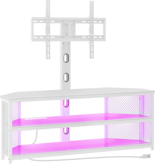 Rolanstar TV Stand with Mount and Power Outlet, Swivel TV Stand with LED Lights for 32/45/55/60/65/70 inch TVs, White Entertainment Center Media Console with Height Adjustable Mount