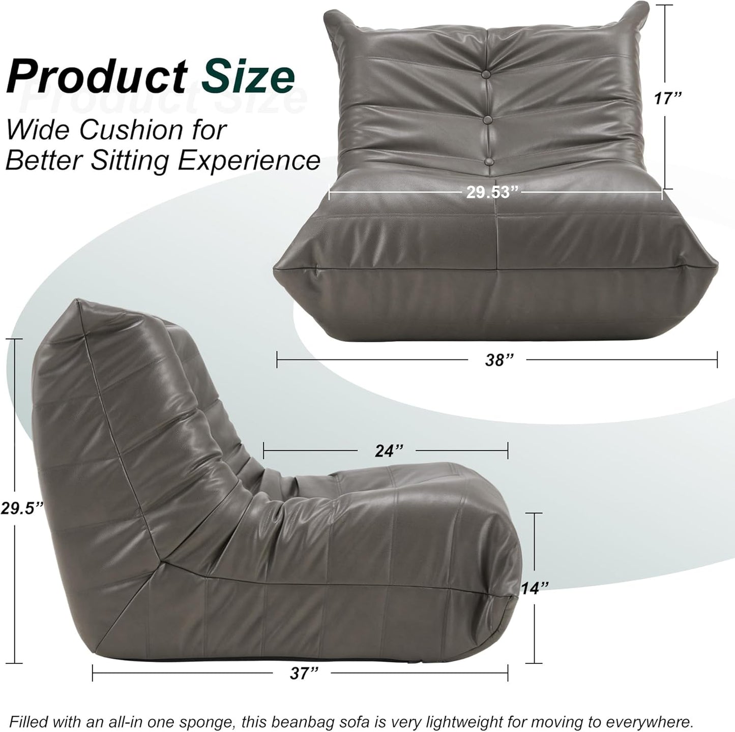 Hobestluk Giant Bean Bag Chair Lazy Floor Sofa, Memory Foam Fireside Sofa for Adults, Big Beanbag Faux Leather Armless Chair for Living Room Bedroom Dorm Office (Grey, Single)