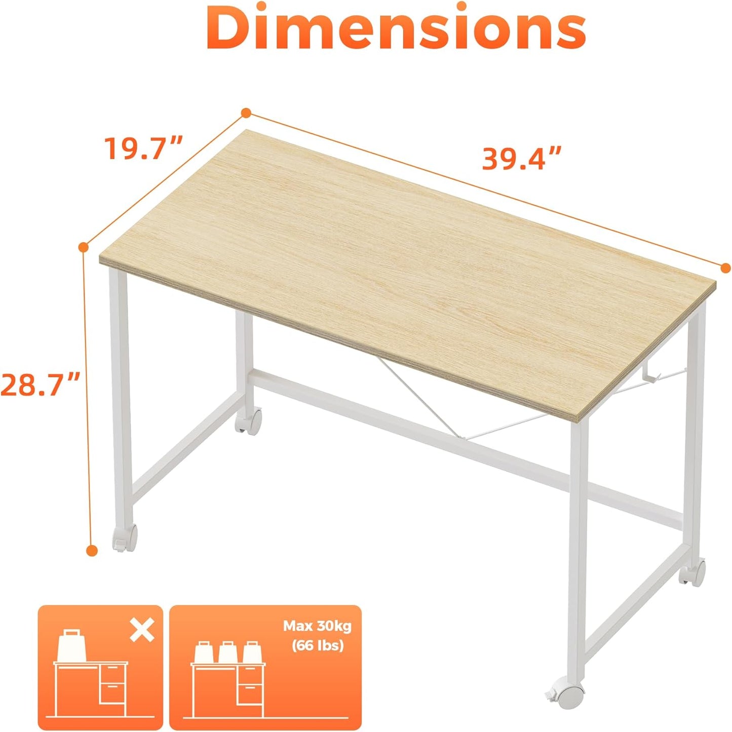 Rolling Computer Desk with Wheels, Gaming Desk for Small Spaces, Modern Simple Style Table for Home Office, Study Writing Table (Caster, Oak, 40 inch)