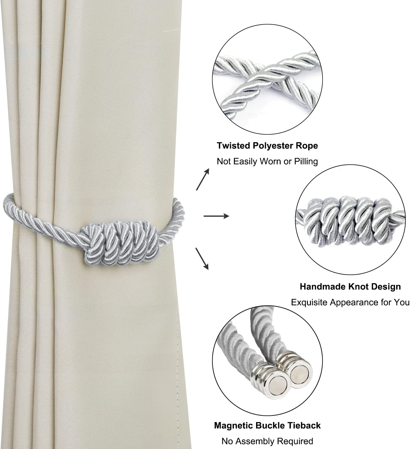 BEL AVENIR Magnetic Curtain Tiebacks, Decorative Drapery Holdbacks Modern Woven Tie-Backs with Exquisite Knot (Sliver, 4 Pack)