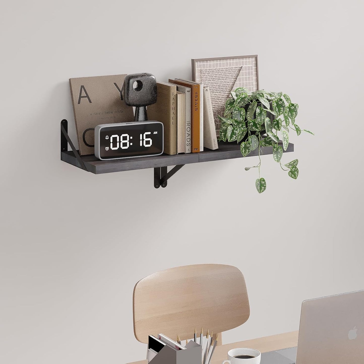 SAUMONIERES Floating Shelves Wall Bookshelf for Bedroom Bathroom Living Room Wood Wall Mounted Wide Deep Storage, Rustic Grey Wall Shelves Set of 2