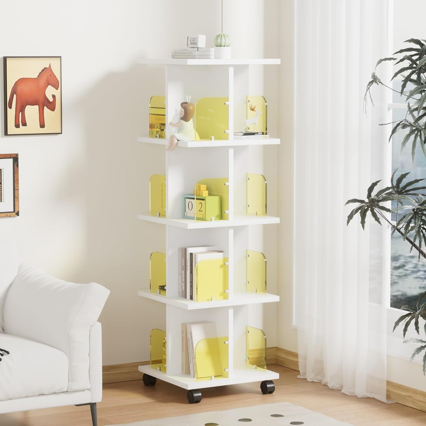 VECELO 4-Tier Rotating Bookshelf on Wheels, Revolving Bookcase Tower, Mobile Book Rack with Acrylic Windows, Narrow Rolling Bookshelves for Small Space, Corner, Bedroom, Office, White