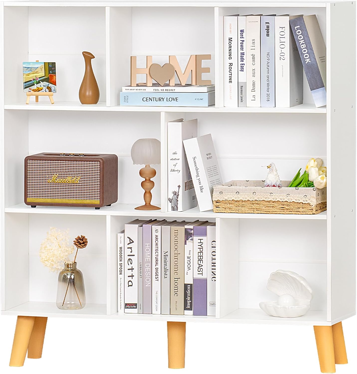 YAHARBO 8 Cube White Bookshelf,3 Tier Book Shelf with Legs,Modern Minimalist Bookcase,Open Book Shelves Storage Organizer,Frees Standing Wooden Display Bookcases for Small Space,Bedroom,Living Room