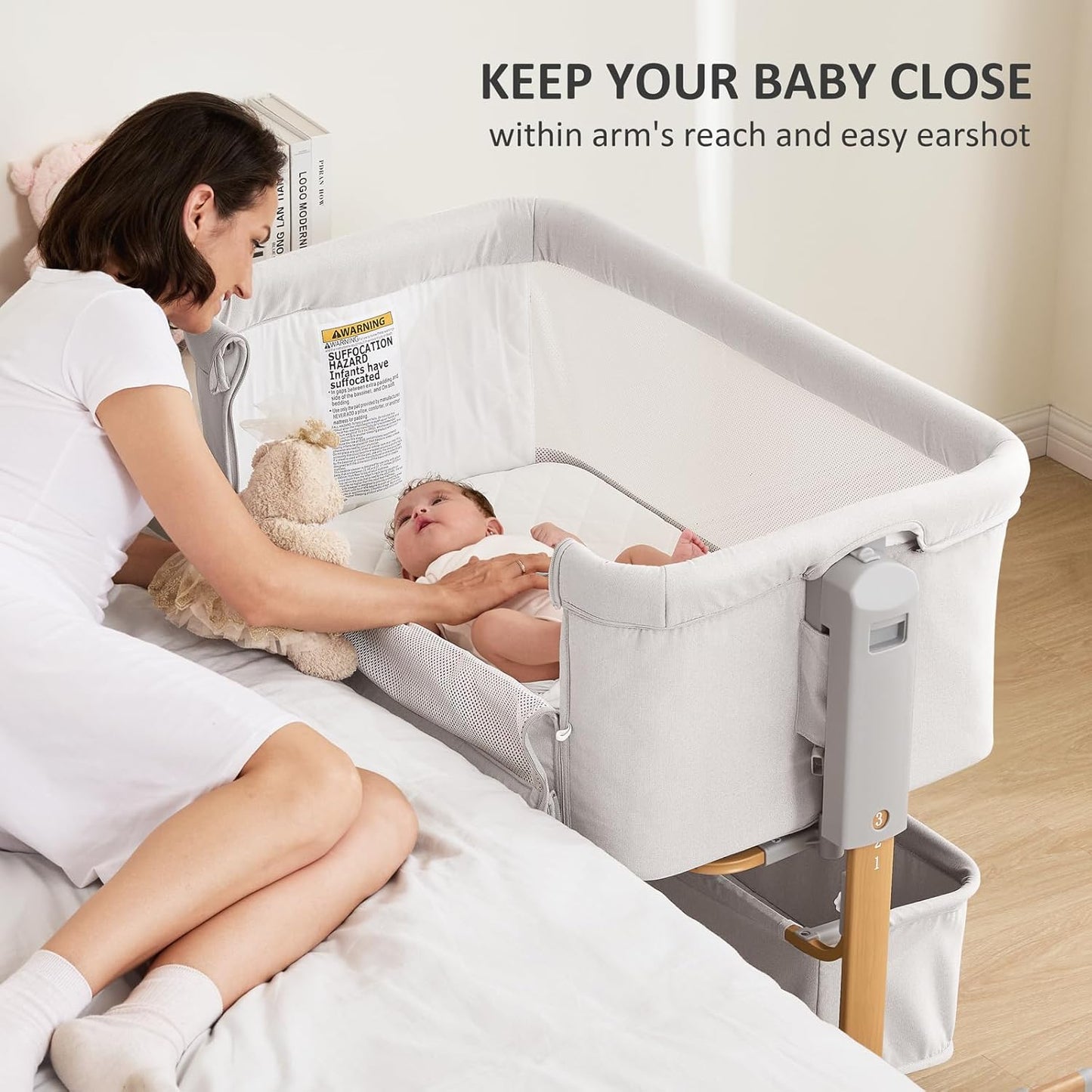 3 in 1 Baby Bassinet, Rocking Bassinet, Bedside Bassinet, 6-Height Adjustable, Bassinet Bedside Sleeper, Bedside Bassient for Baby with Comfy Mattress, Breathable Mesh, Large Storage Basket