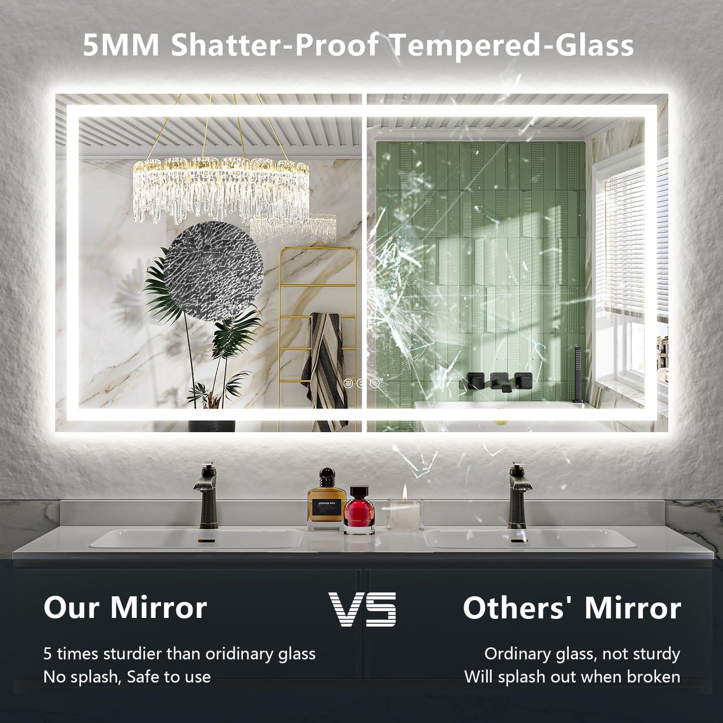 66x40 Inch LED Bathroom Mirror with Lights Front and Backlit Lighted Vanity Mirror for Bathroom Wall with 3 Colors Dimmable Anti-Fog Memory Shatter-Proof IP54 Waterproof Horizontal/Vertical