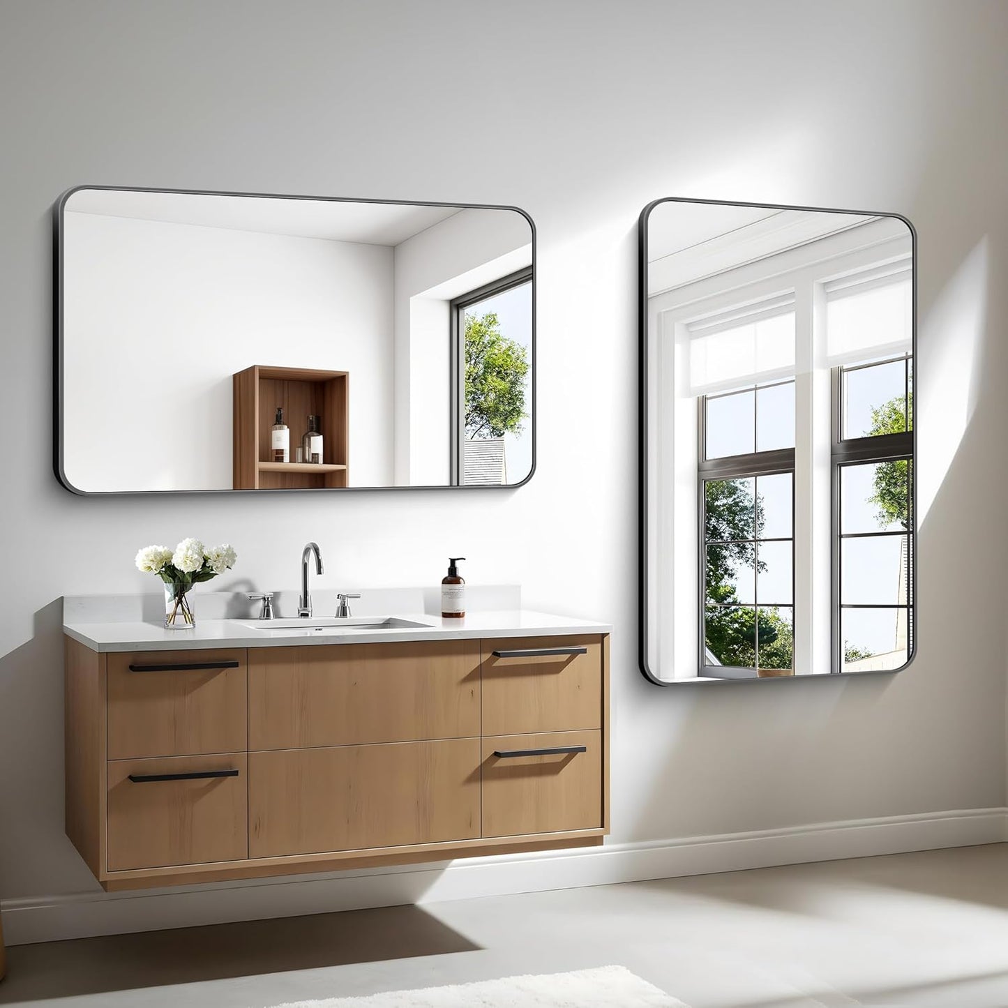 BONEWEI 30x48 inch Bathroom Mirror,Black Rectangle Mirror,Wall Mounted Bathroom Frame Vanity Mirror with Round Corner for Bedroom Living Room, Entryway Hangs Horizontal or Vertical