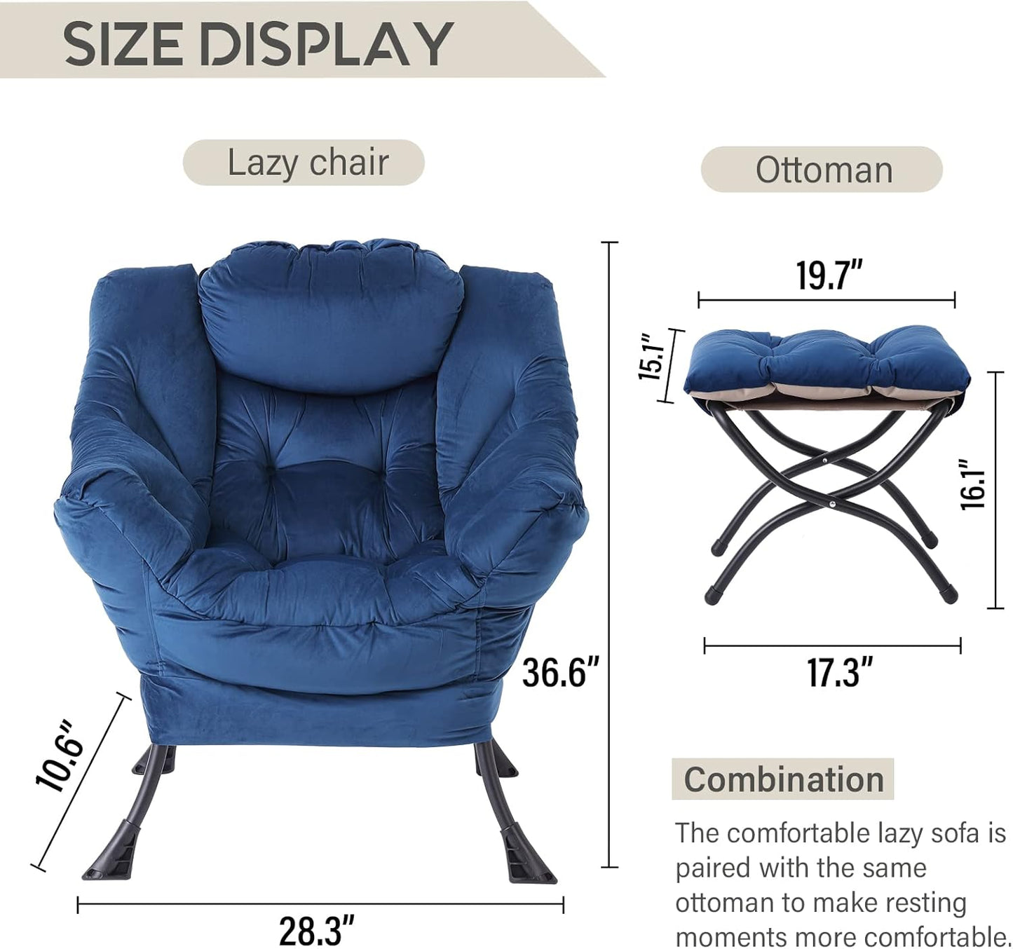 LITA Lazy Chair with Ottoman, Modern Accent Leisure Upholstered Sofa Chair, Contemporary Lounge Reading Chair with Armrests and a Side Pocket for Living Room, Bedroom & Small Space, Royal Blue