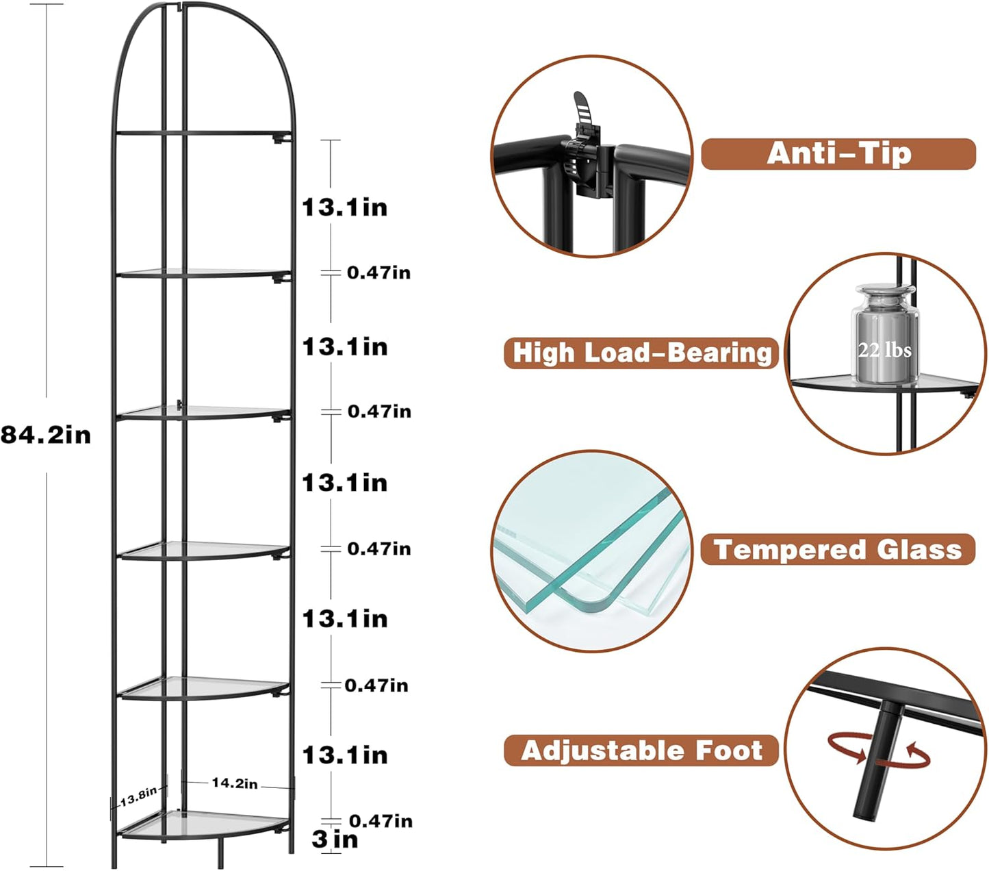 Crofy Foldable 6 Tier Corner Shelf, Metal Corner Plant Stand with Black Frame and Transparent Shelves, Corner Display Rack Multipurpose Shelving Unit for Living Room, Bedroom, Bathroom
