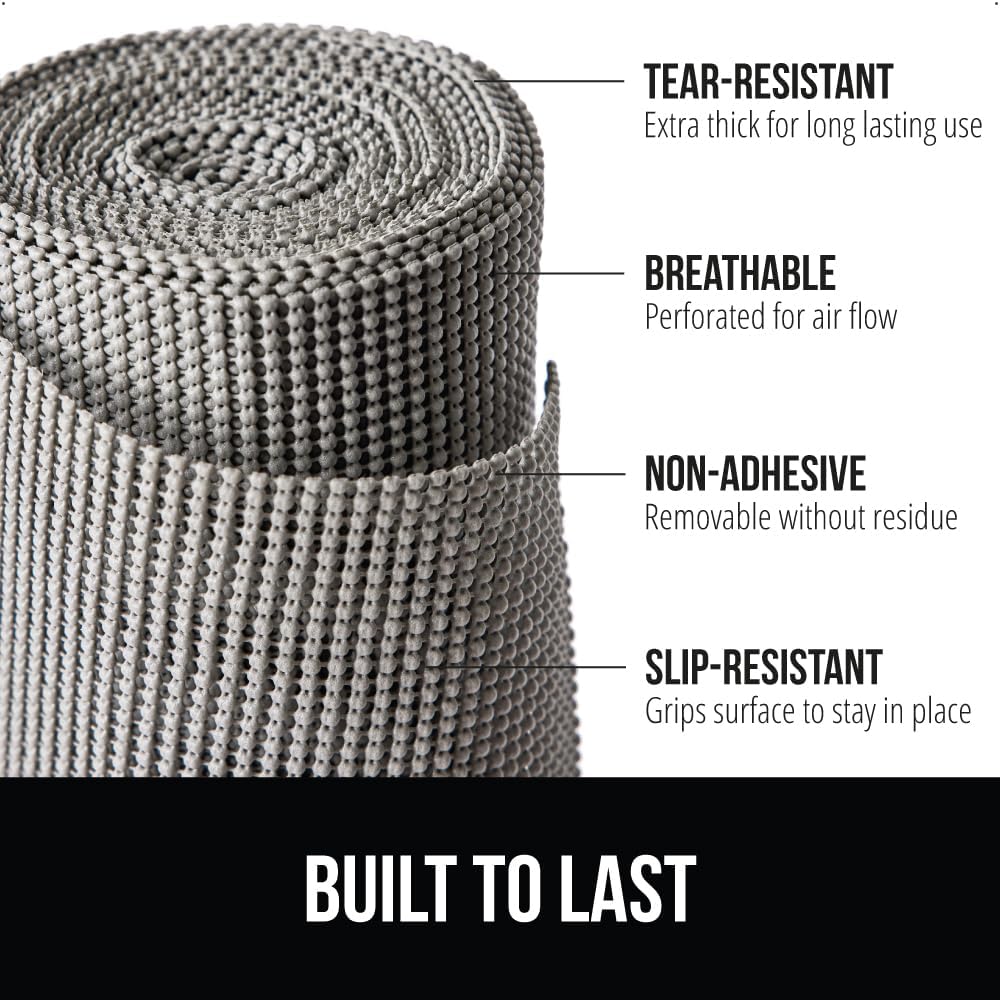 GORILLA GRIP powerGRIP Drawer Shelf and Cabinet Liner, Thick Strong Hold, Non-Adhesive Liners Protect Kitchen Cabinets and Cupboard, Bathroom Drawers, Easy Install, Breathable Mat, 12" x20', Gray