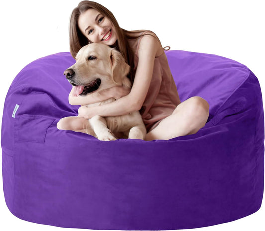 3FT Bean Bag Chair with Ultra Soft Velvet Cover Bean Bag Sofa with Memory Foam Bean Bag Chairs with Large Size Lazy Sofa for Dorm Office Living Room Bedroom Purple 3'