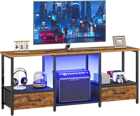 HOOBRO LED TV Stand with Storage, LED Entertainment Center with Open Shelves and Drawer, Fits TVs up to 55", Television Stand for Living Room, Bedroom, Rustic Brown and Black BF123DDS01