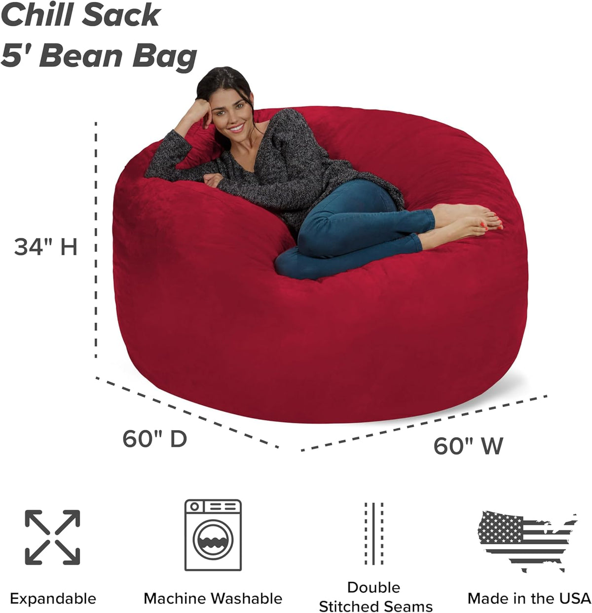 Chill Sack Bean Bag Chair - 5' Giant Memory Foam Lounge Chair with Soft Microfiber Cover – Cozy Furniture for Living Room, Dorm, & Kids' Rooms – Comfortable 5 Ft, Microsuede Lounge Sofa, Cinnabar