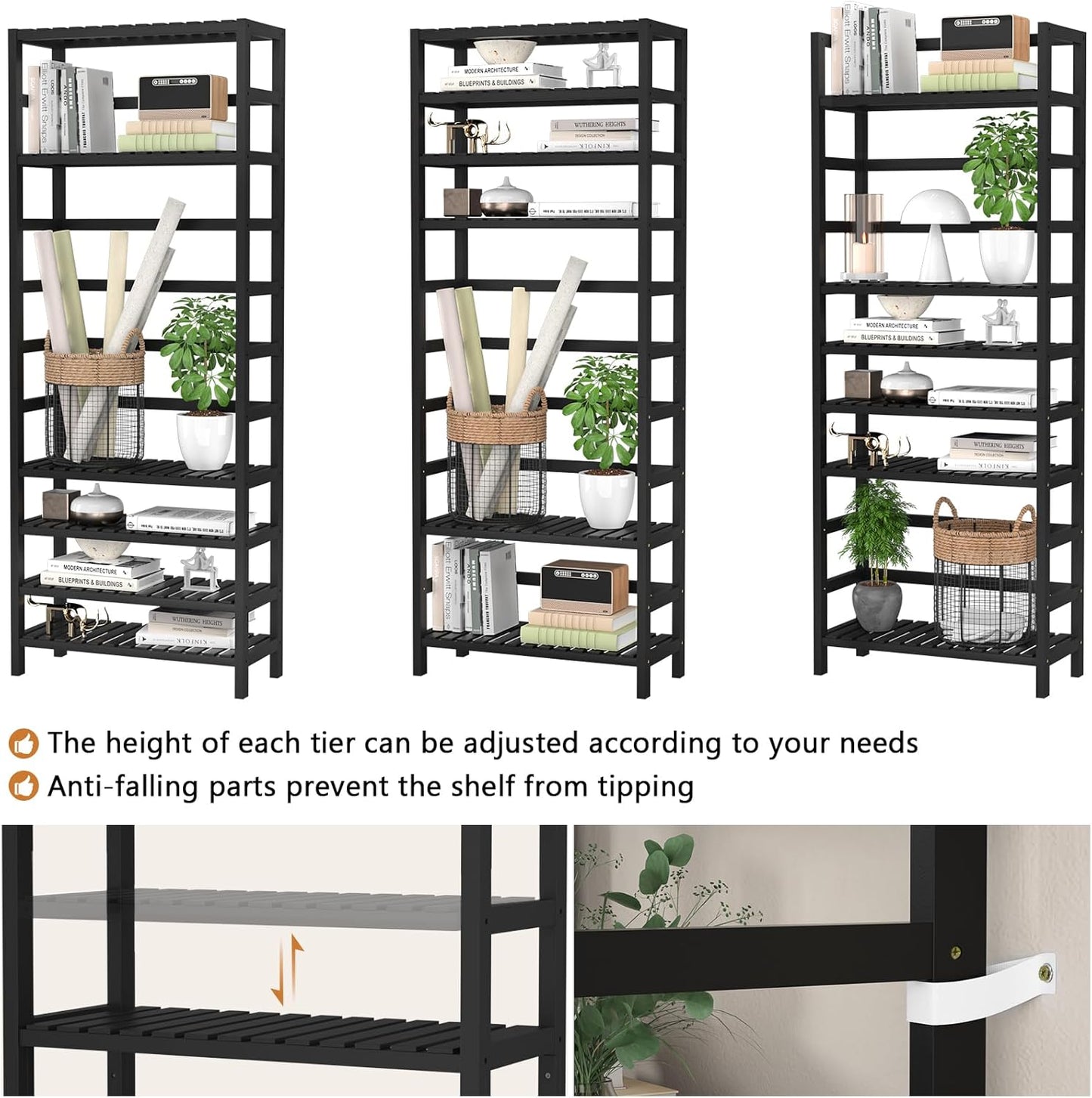 Homykic 6-Tier Bamboo Bookshelves and Bookcases, Adjustable 63.4”Tall Shallow Book Shelf Organizer Rack, Freestanding Storage Shelving Unit for Living Room, Kitchen, Bathroom, Office, Black