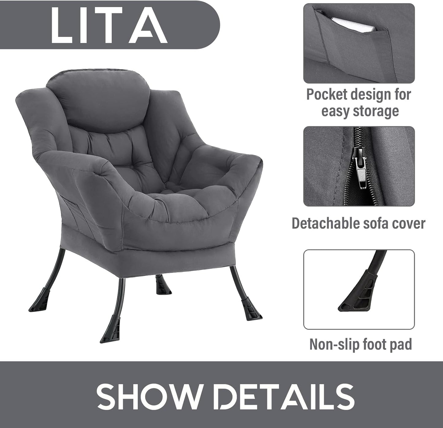 LITA Lazy Chair with Ottoman, Modern Accent Leisure Upholstered Sofa, Contemporary Lounge Reading Chair with Armrests and a Side Pocket for Living Room, Bedroom & Small Space, Single Dark Grey