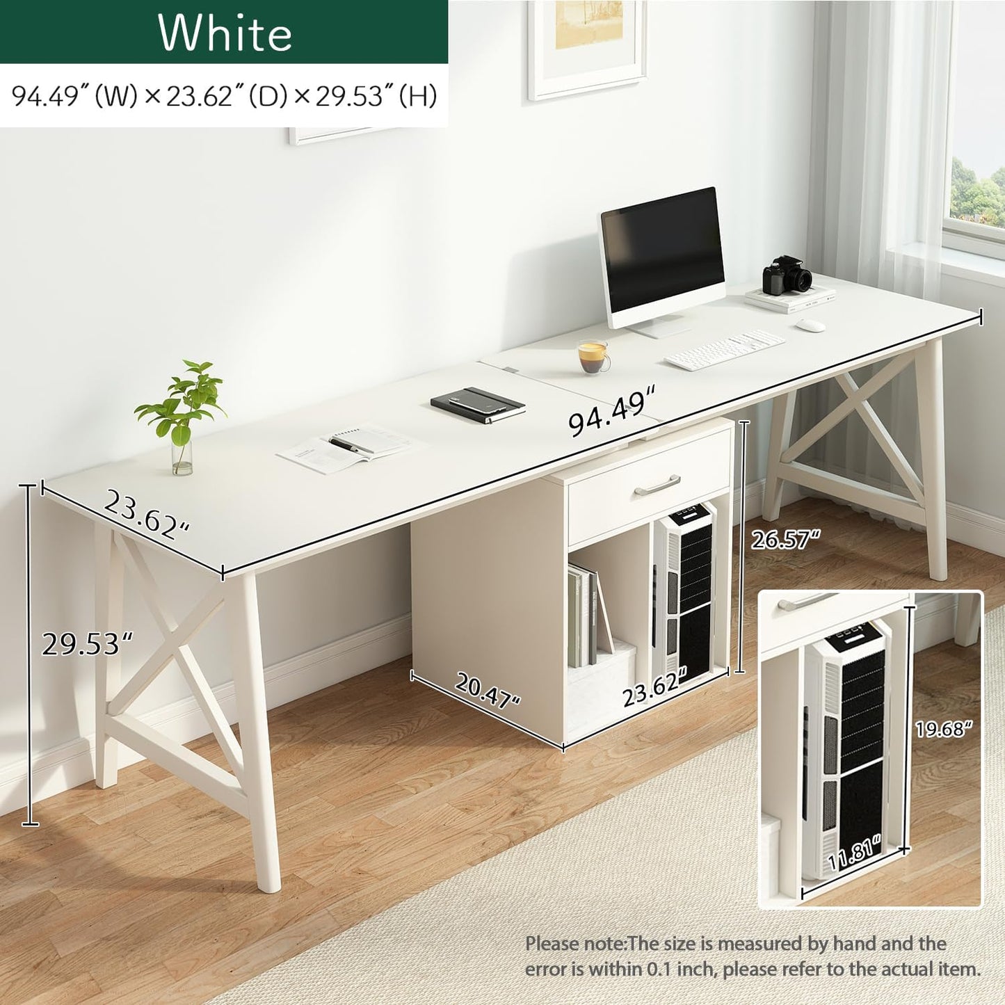 2-Person Desk with Storage Cabinet - 94" Wooden Extra Long L Shaped Table, Double Work Study Computer Workstation for Home Office, White, 94" W x 24" D