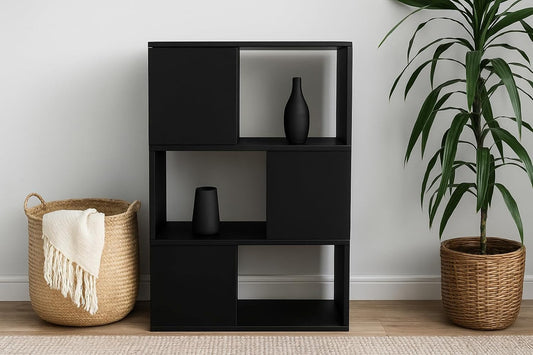 GHC 3 Tier Bookshelf, Wood Decorative Storage Shelving, Modern Freestanding Display Shelves, Tall Book Shelf Unit for Living Room, Bedroom, Office-Black