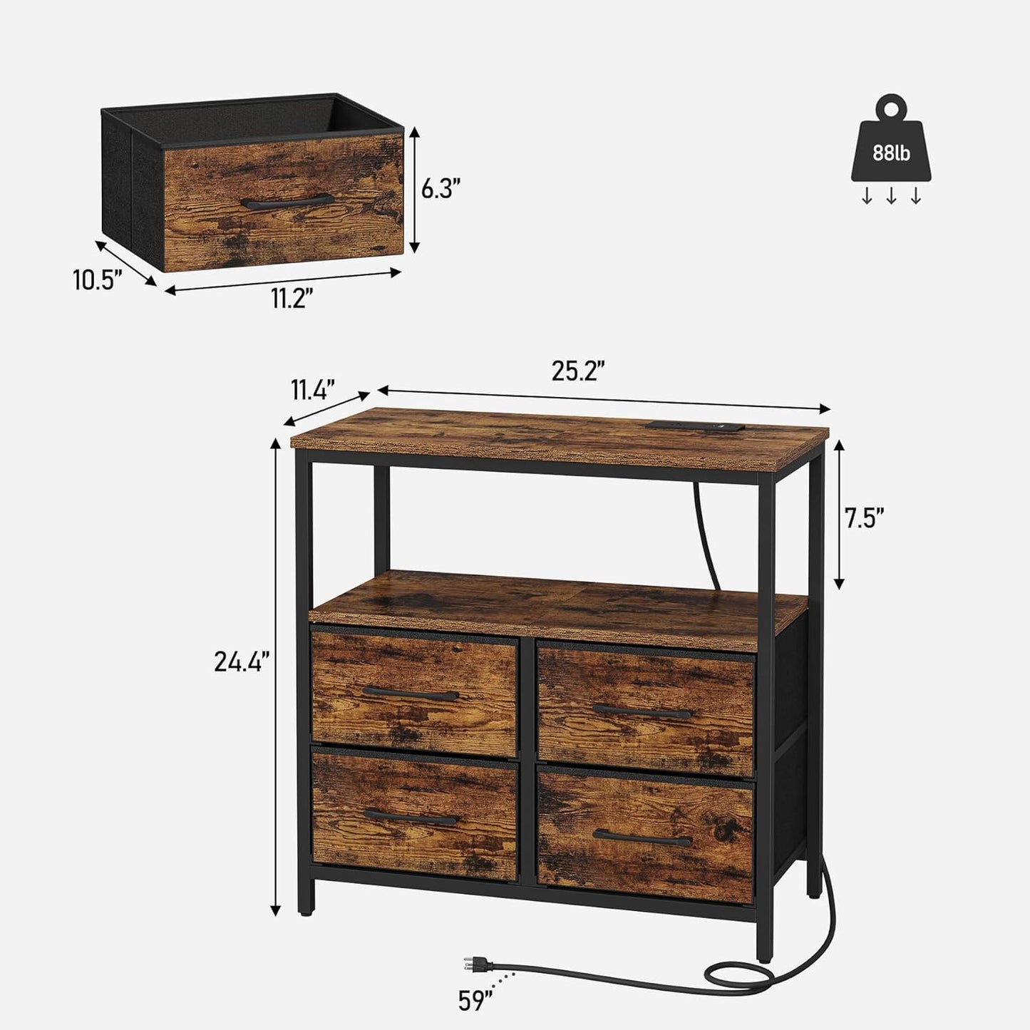TUTOTAK LED Night Stand with Charging Station, Large Nightstand with USB and Type-C Port, Bedside Table with Cloth Drawers, End Table for Livingroom, Bedroom, Brown TB01BB081L